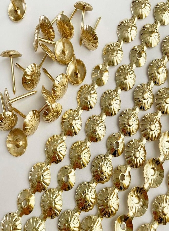 QZIBEVA 1 Pcs Upholstery Tacks Strips,1 Meter Flower Decorative Nail Trims for Sofa Headboard Chair Furniture with Nails 11 mm Gold NST-1124-008 - Image 1